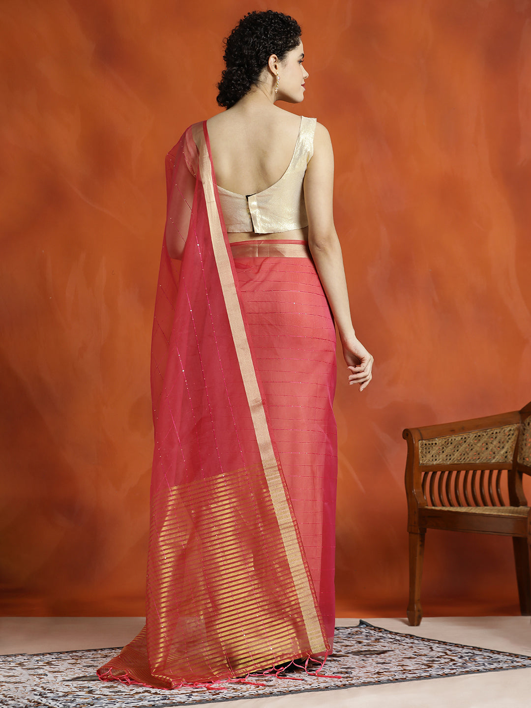 Pink Sequin Embellished Banarasi Organza Saree