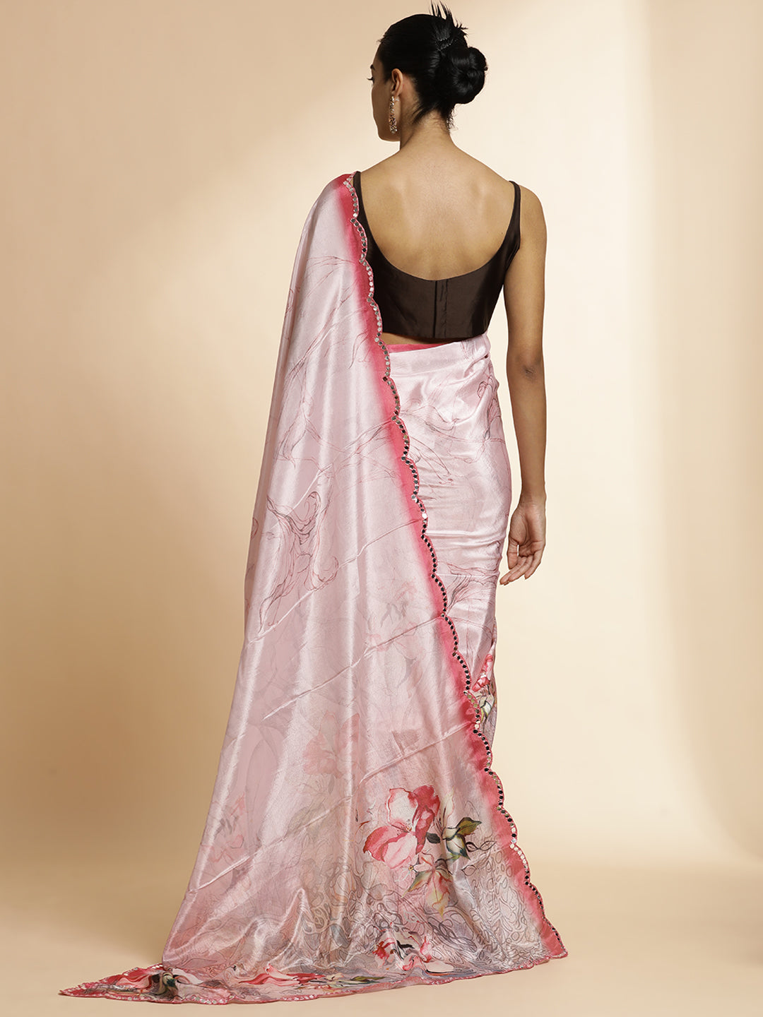 Pink Mirror Work Satin Floral Saree