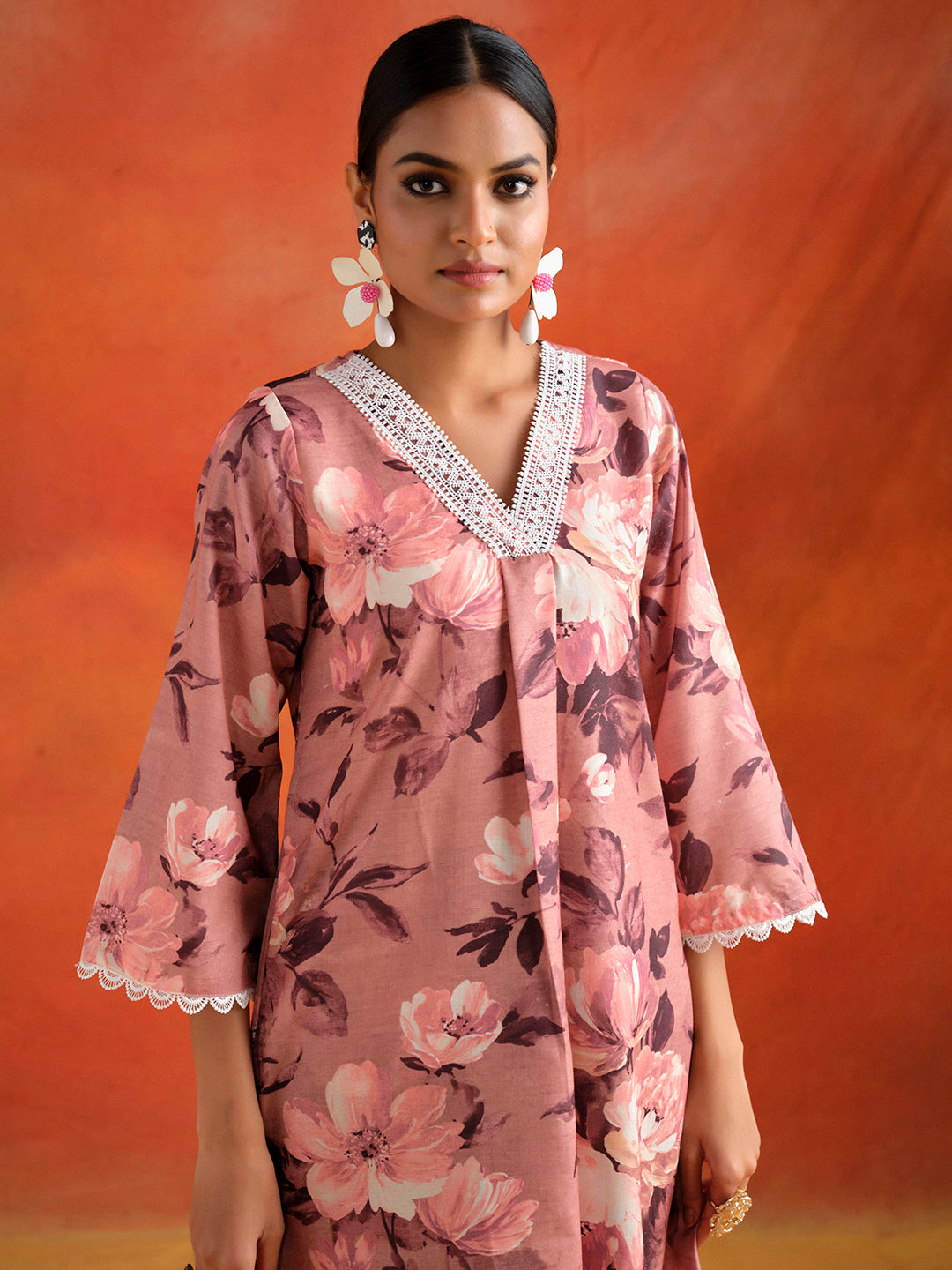 Peach Floral Printed A-line Kurta