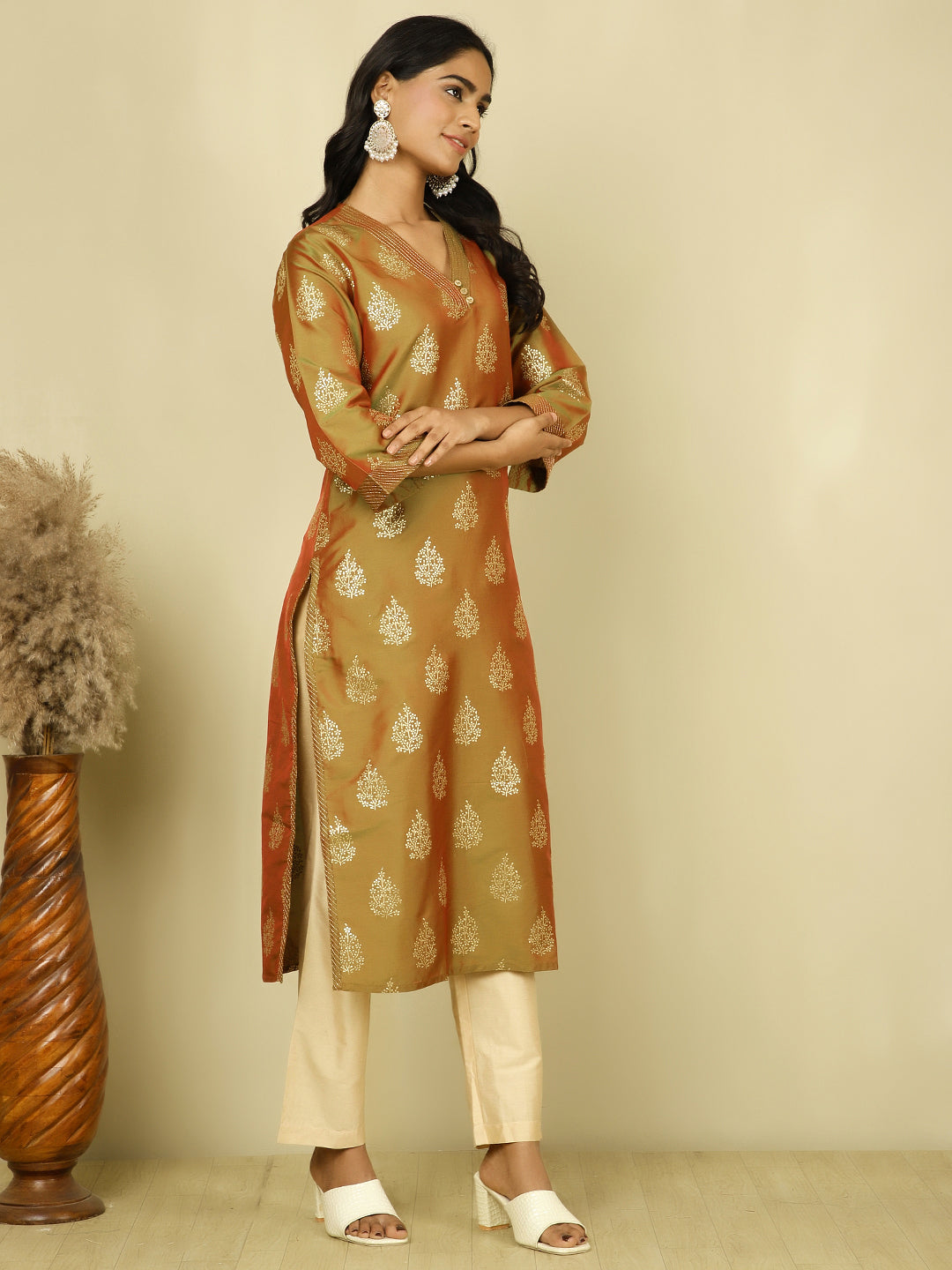 Olive Green Ethnic Printed Straight Kurta