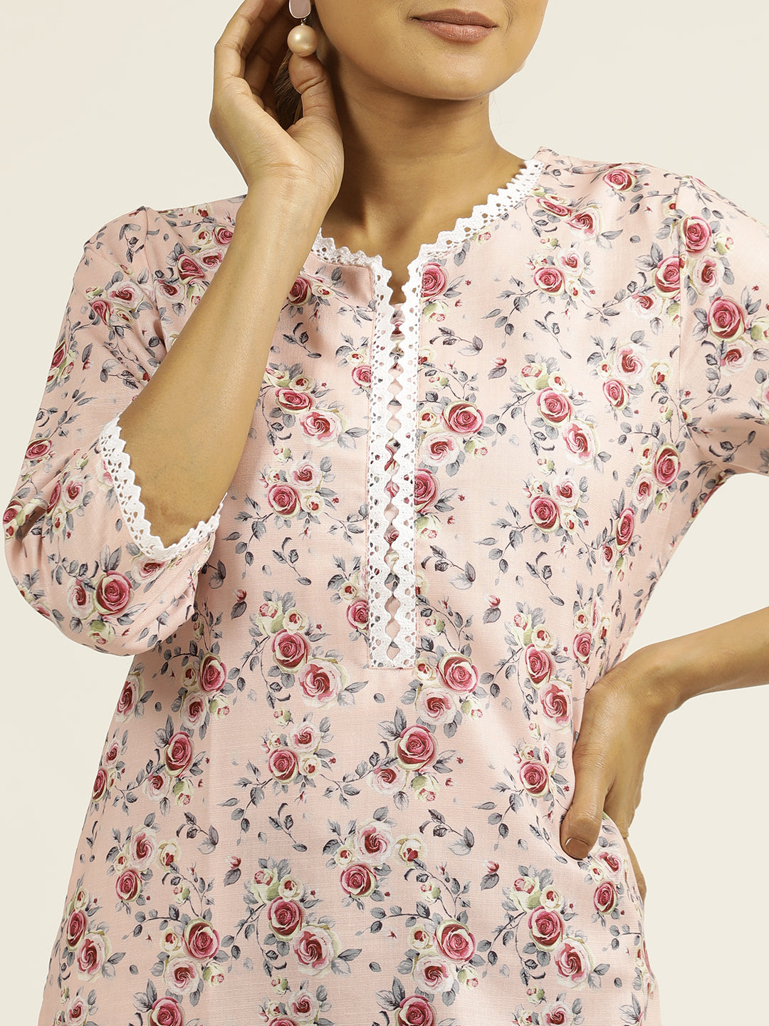 Light Pink Floral Printed Straight Kurta