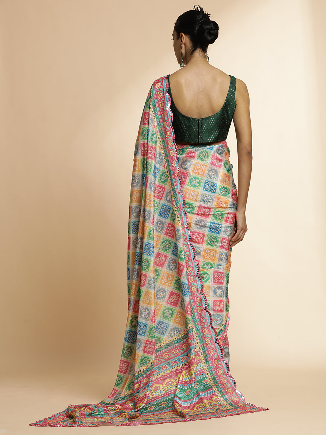 Multicolor Floral Printed Mirror Work Satin Saree