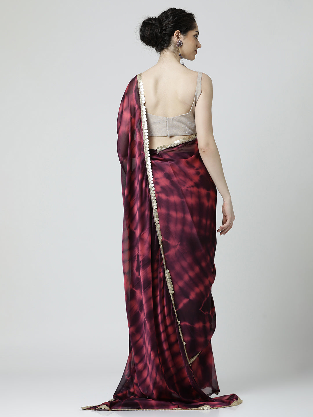 Maroon Embellished Satin Tie-Dye Saree