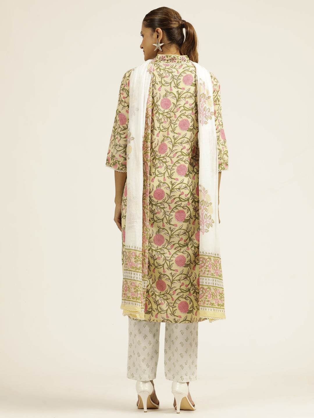 Light Yellow Ethnic Motif Cotton Hand Embroidered Suit Set