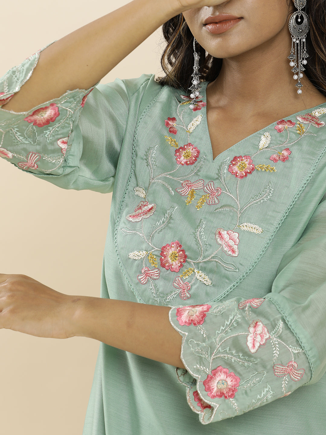 Sea Green Aari Work Straight Kurta With Pants And Dupatta