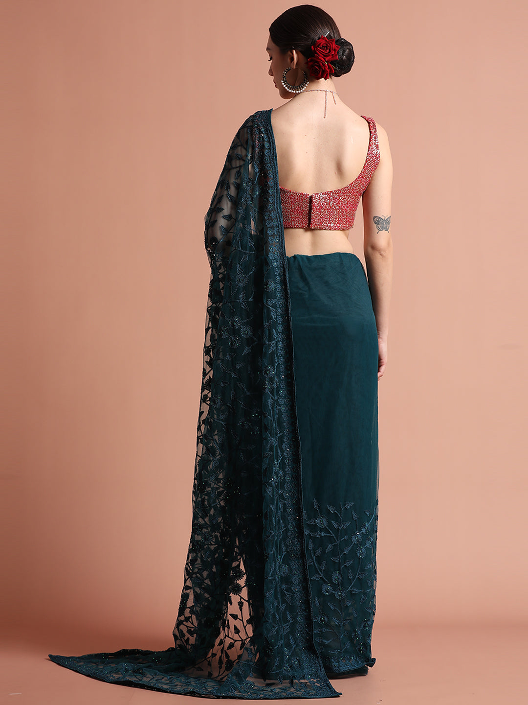 Teal Party Wear Floral Embroidered Net Saree