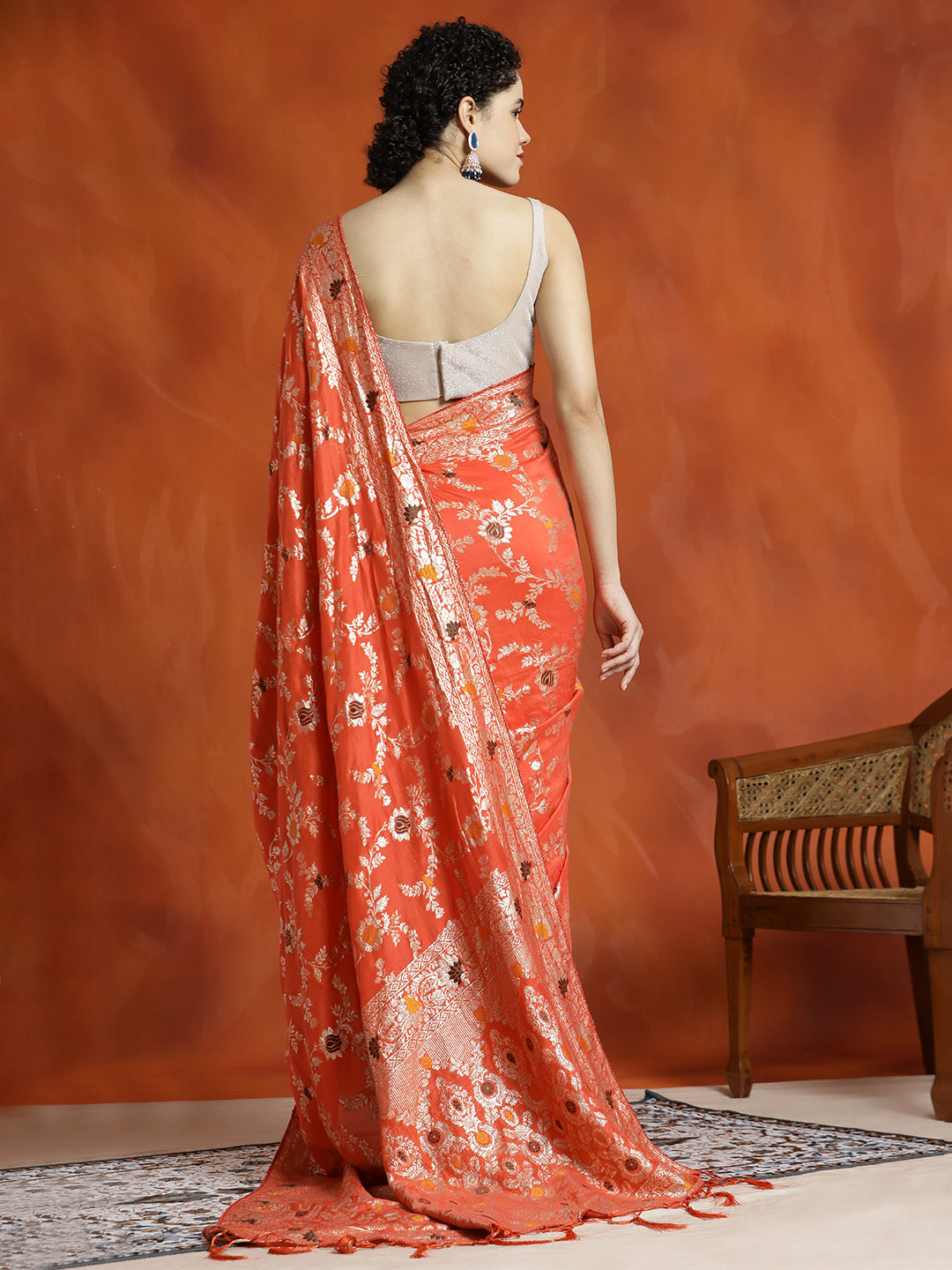 Orange Heavy Banarasi Zari Woven Silk Blend Saree