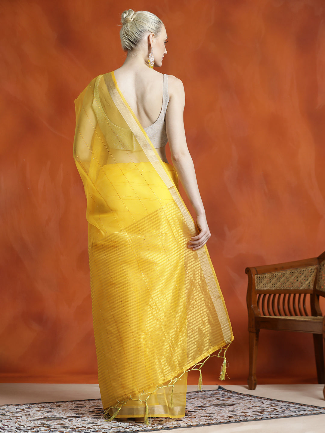 Yellow Sequin Embellished Banarasi Organza Saree