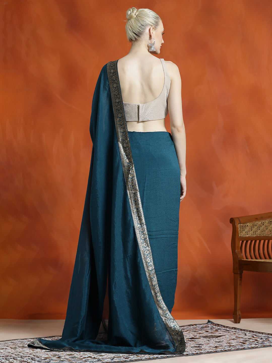 Teal Silk Blend Zari Woven Party Wear Saree