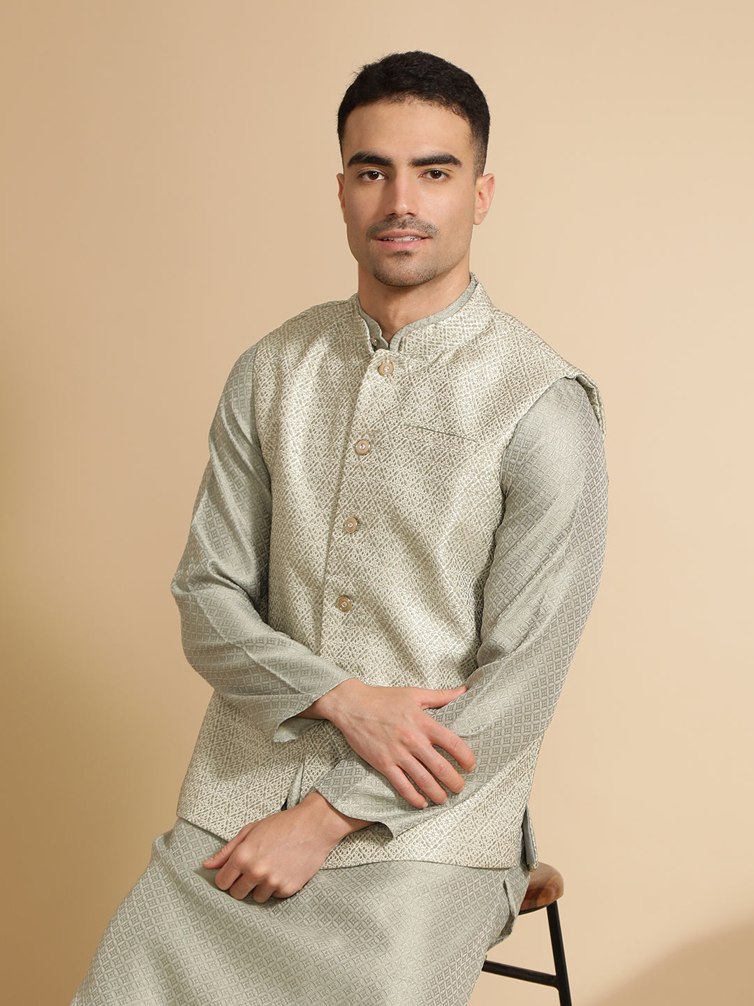 Light Grey Silk Blend Kurta With Woven Design Nehru Jacket Set