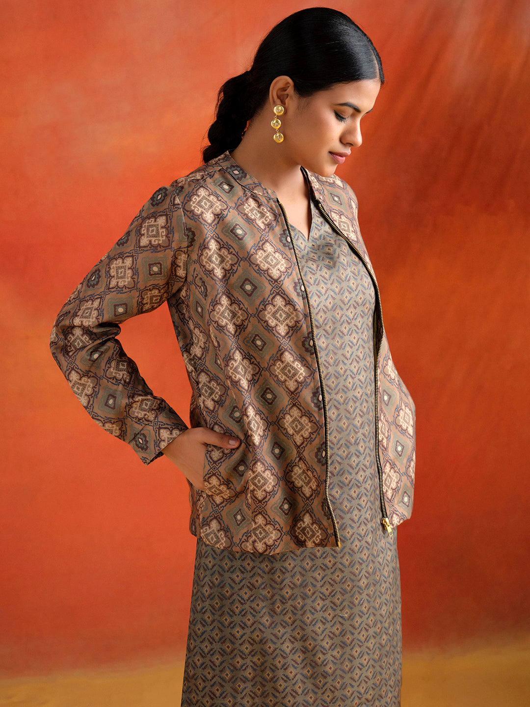 Olive Green Geometric Printed Kurta Set With Jacket Co-ord Set