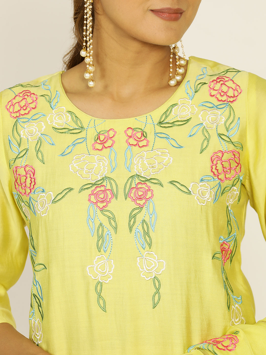 Lime Green Resham Embroidered Chanderi Festive Suit Set