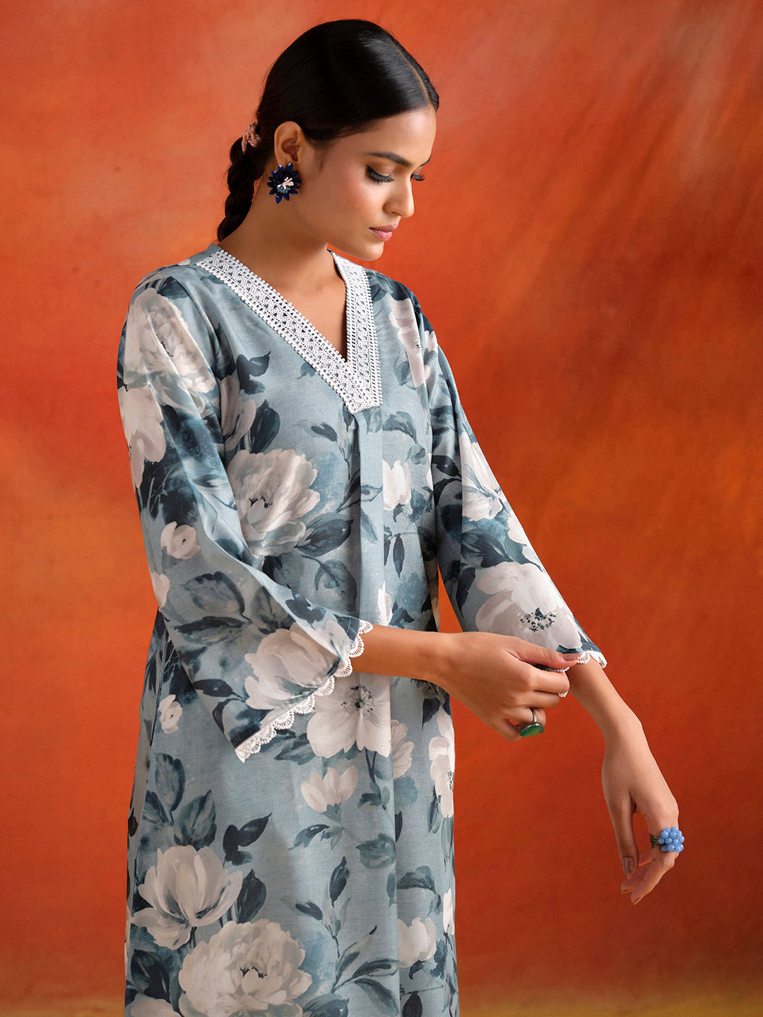 Grey Floral Printed A-line Kurta