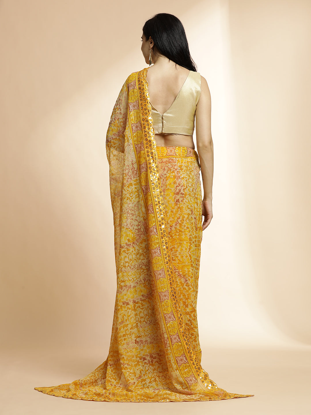 Sequin Embellished Tiger Printed Chiffon Saree