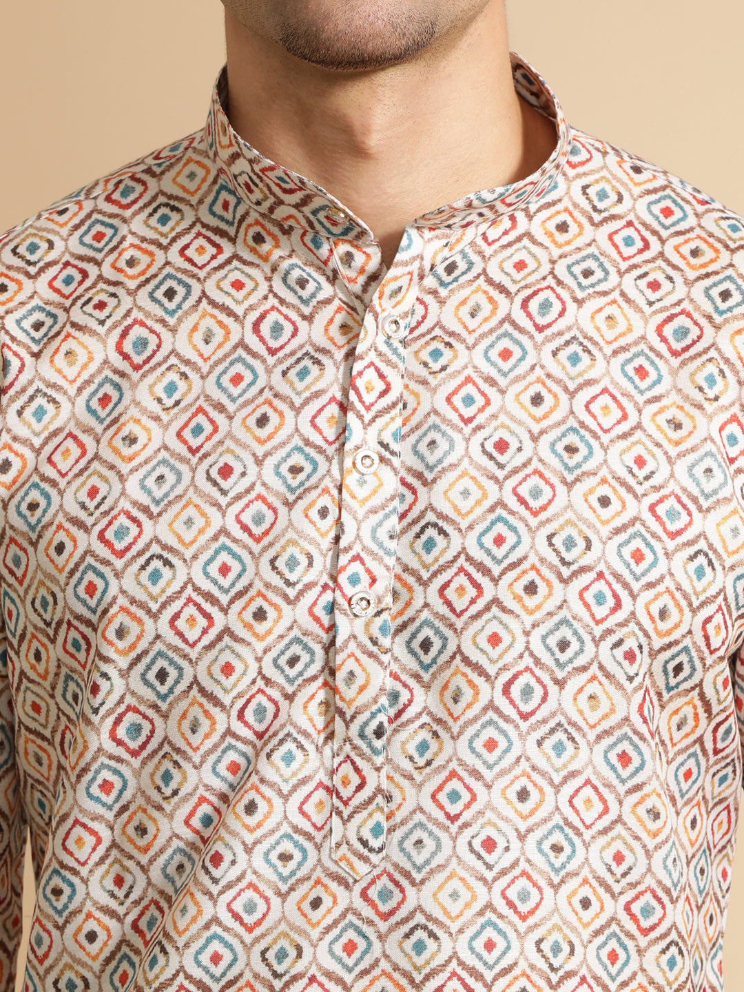 Geometric Printed Beige Cotton Kurta for Men