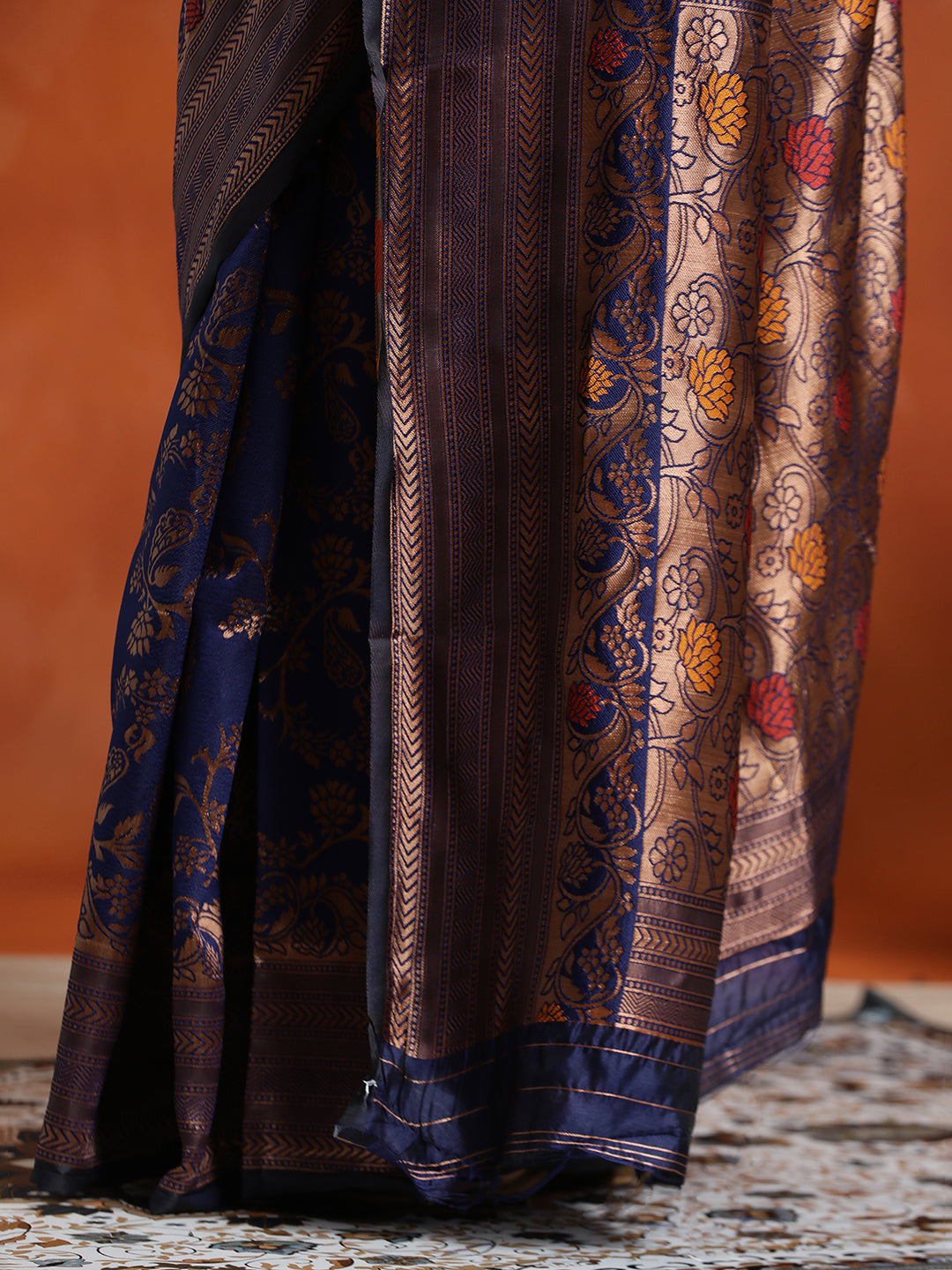 Navy Blue Silk Banarasi Zari Woven Party Wear Saree