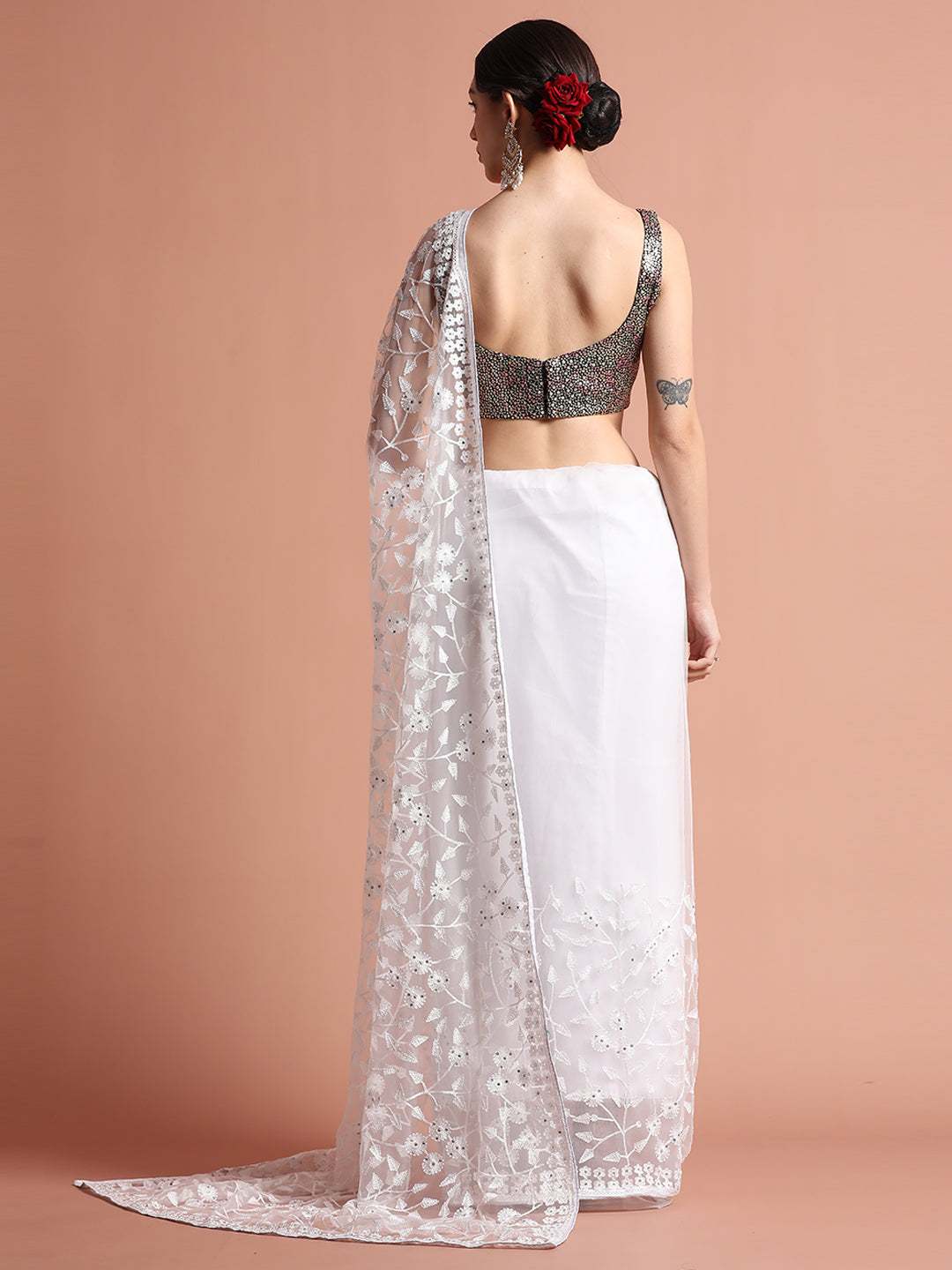 White Party Wear Floral Embroidered Net Saree