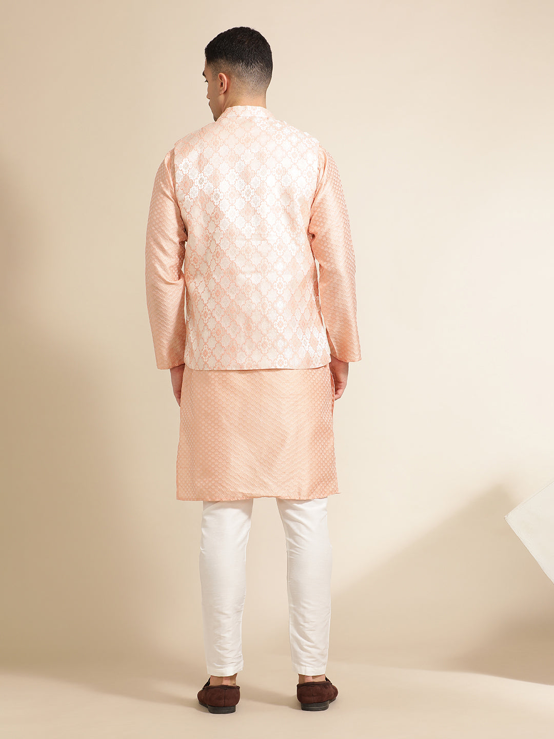 Peach Silk Blend Kurta With Woven Design Nehru Jacket Set