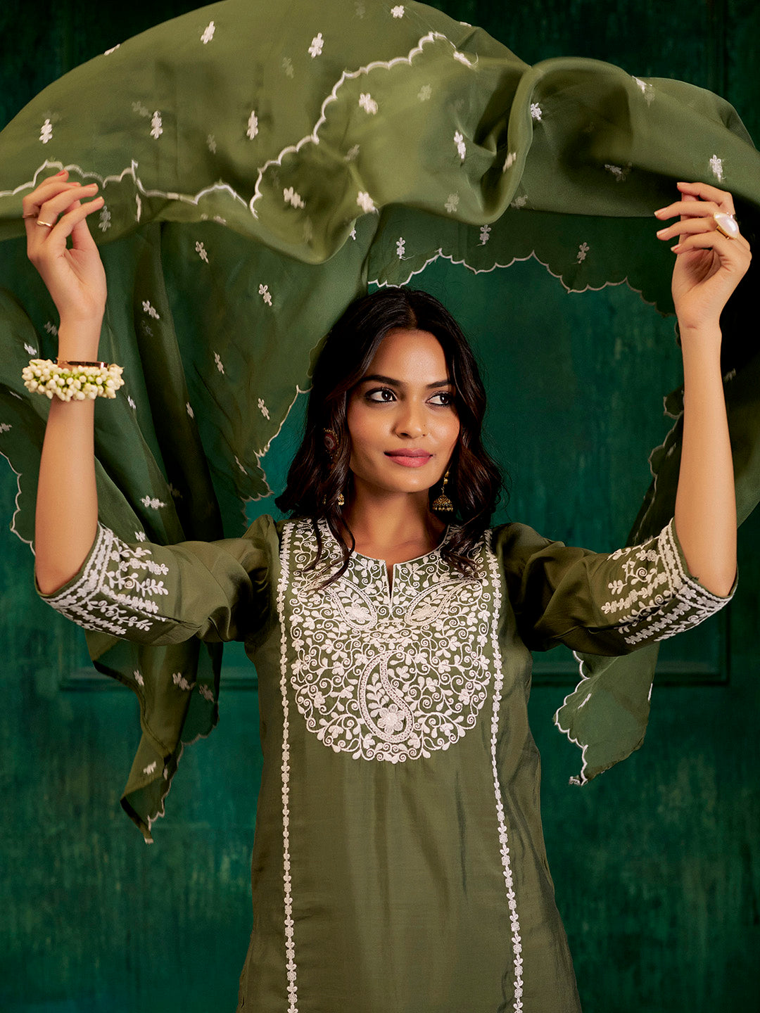 Dark Green Resham Embroidered Festive Kurta Set With Dupatta