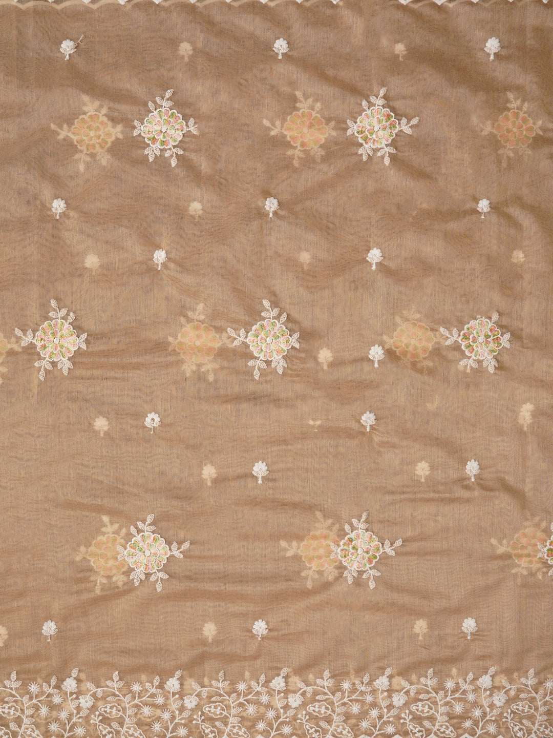 Beige Cotton Lucknowi Embroidered Dress Material with Dupatta