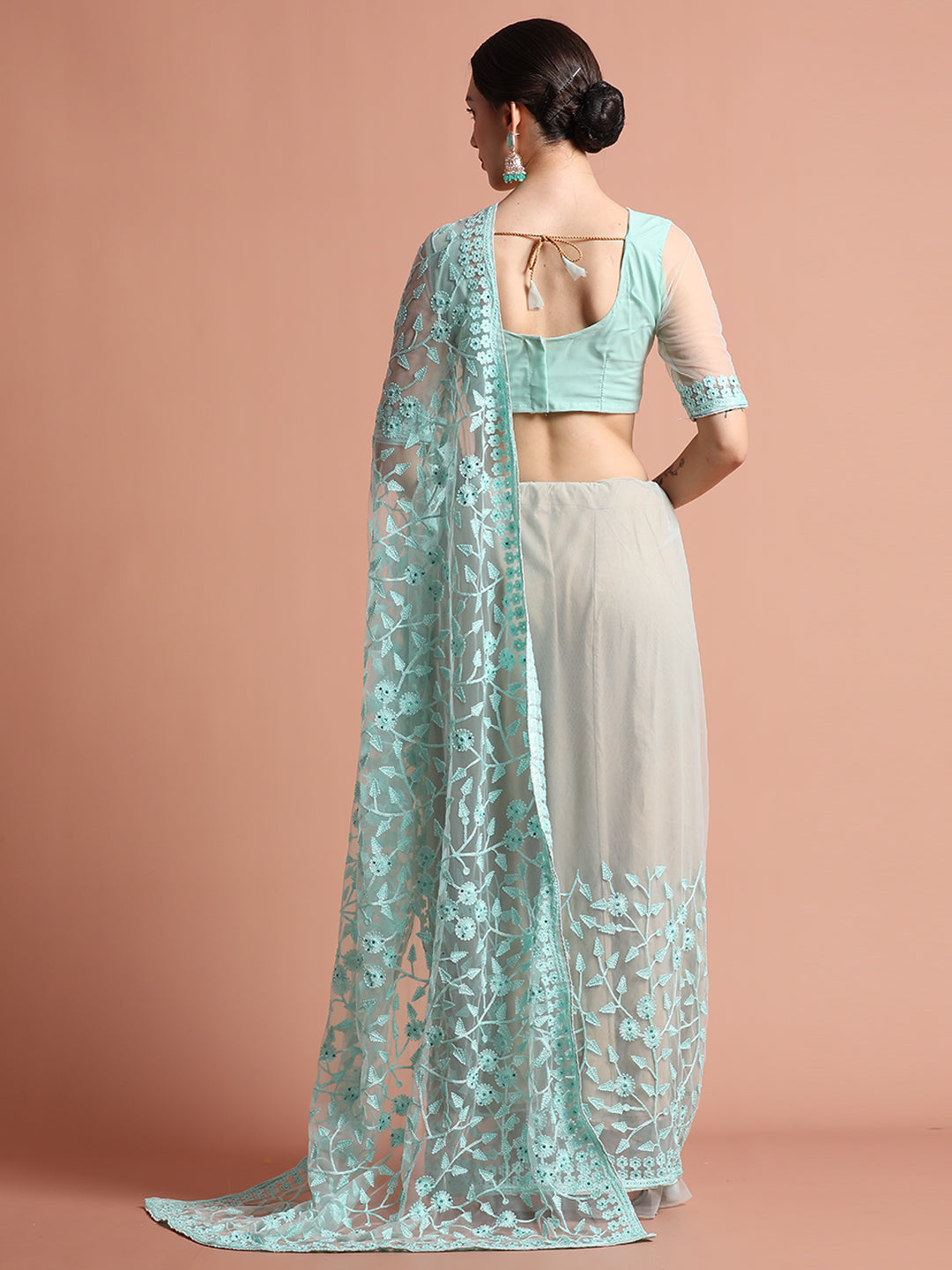 Sea Green Party Wear Floral Embroidered Net Saree