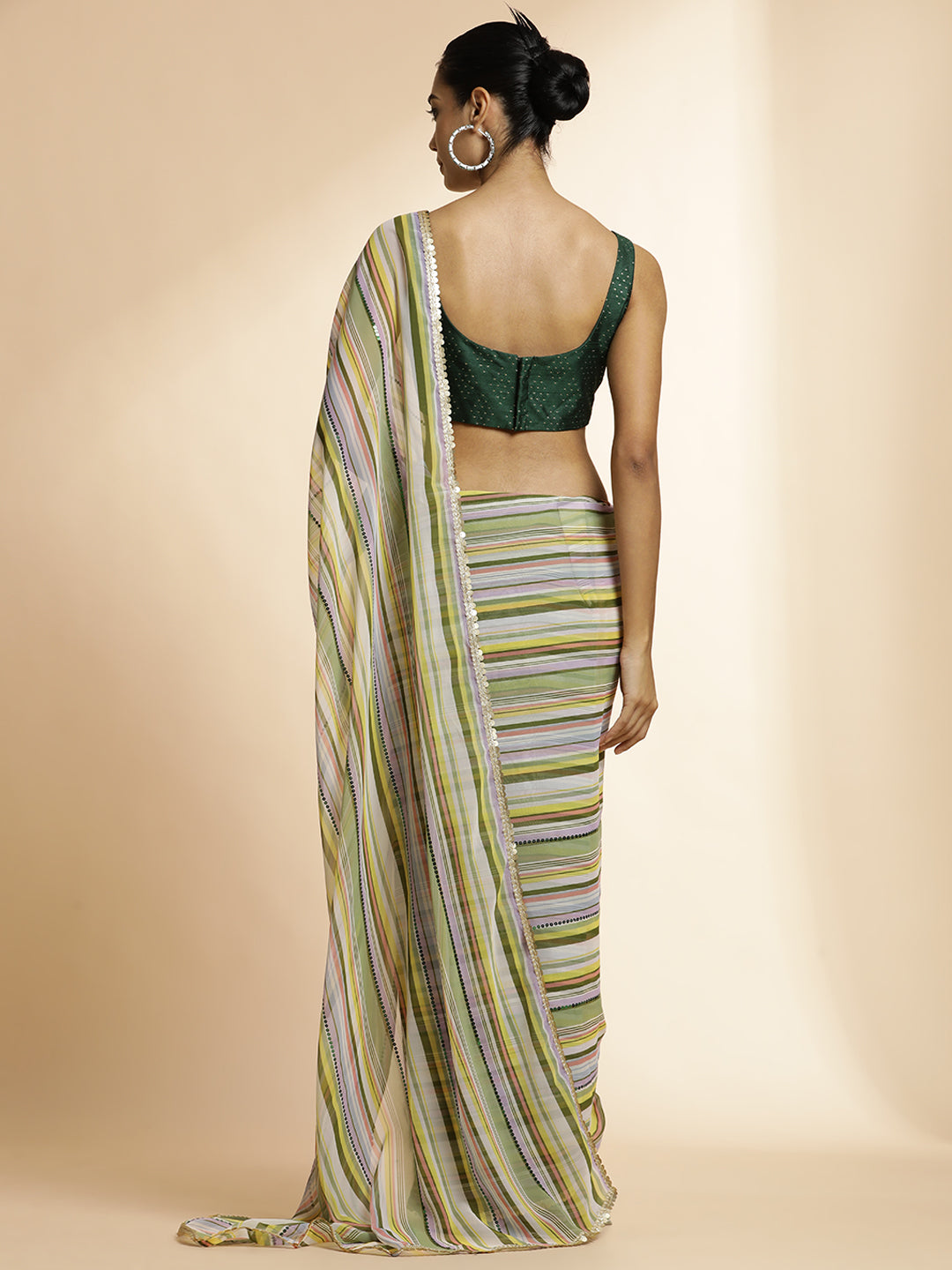 Olive Striped Sequin Embellished Festive Multicolor Saree