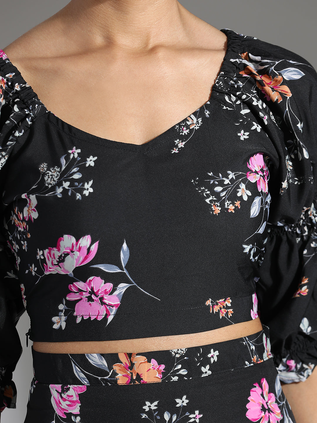 Floral Printed Crop Top With Skirt Black Co-ord Set