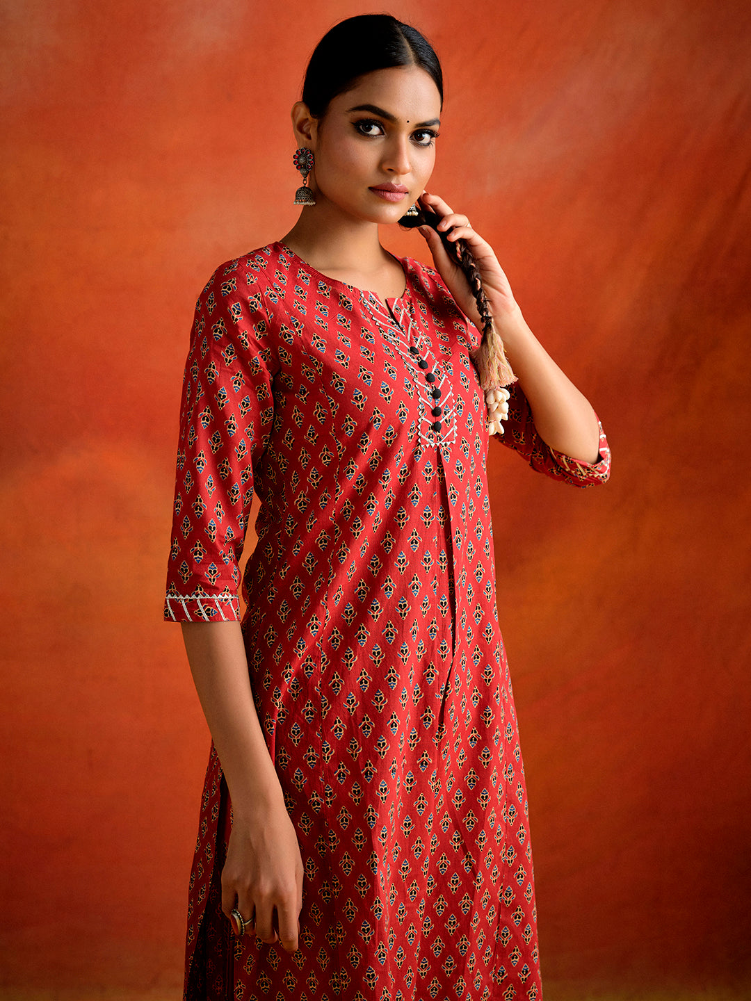 Rust Red Ethnic Motif Printed Straight Kurta With Palazzo