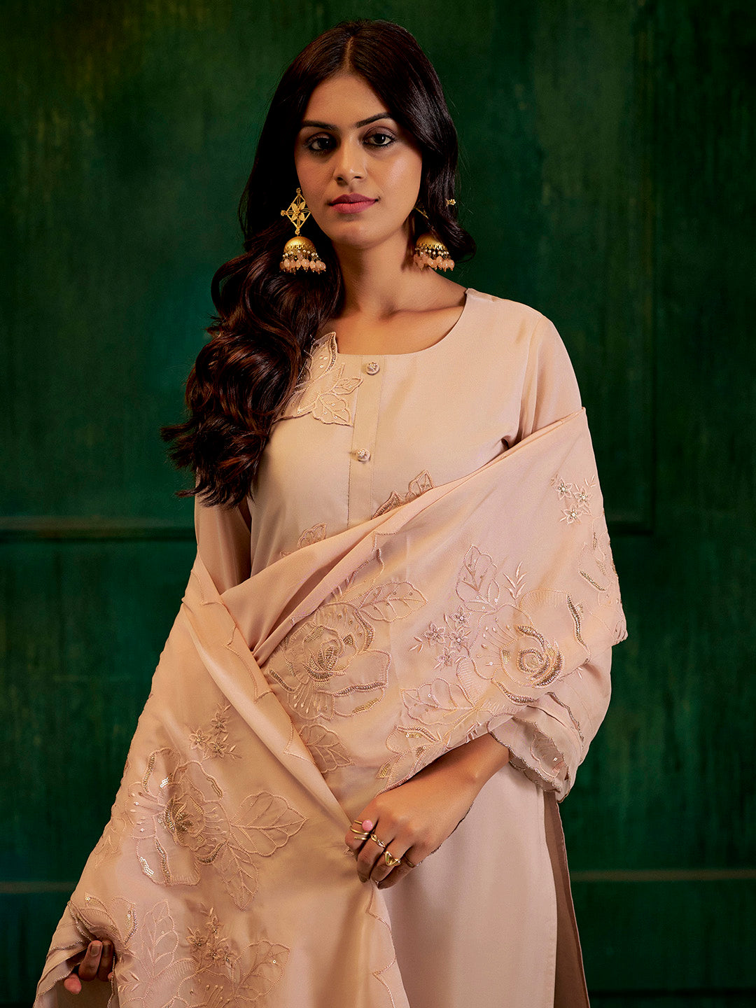 Beige Hand Embroidered Festive Kurta Set With Dupatta