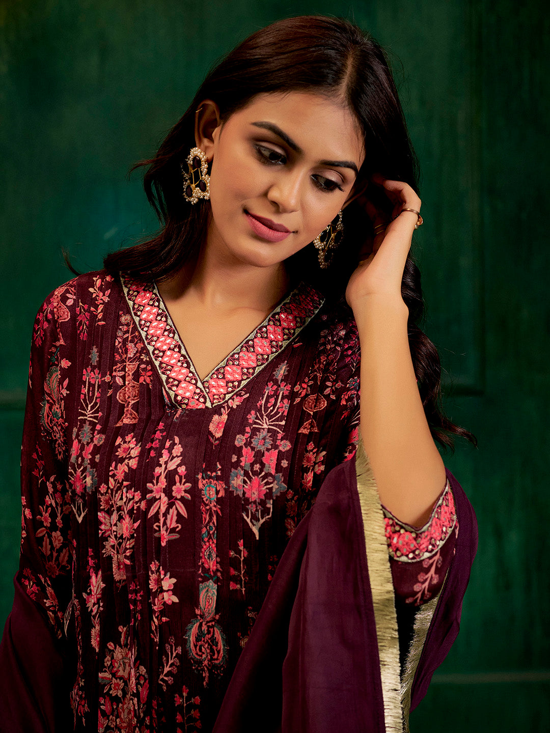 Wine Mirror Embroidered Festive Flared Kurta Set With Dupatta