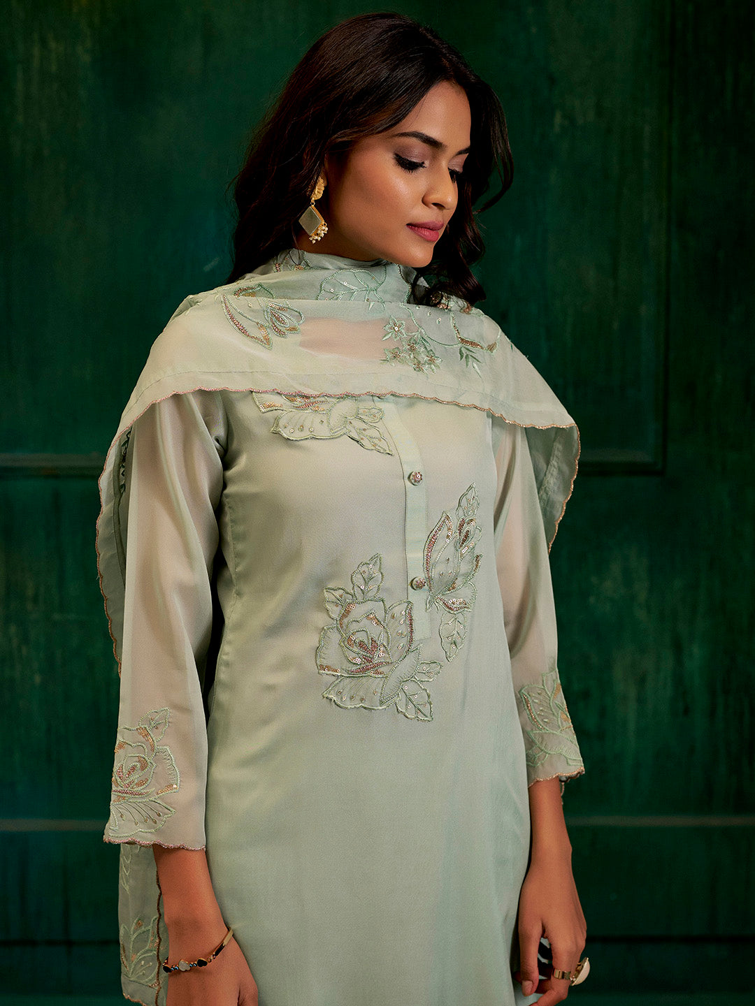 Mint Green Hand Embroidered Festive Kurta Set With Dupatta