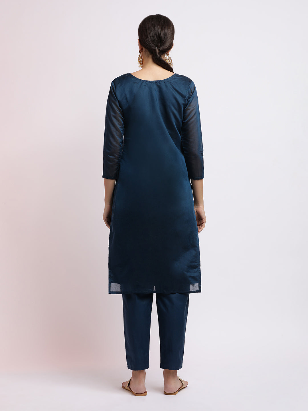 Teal Embroidered Cotton Blend Kurta Set With Dupatta