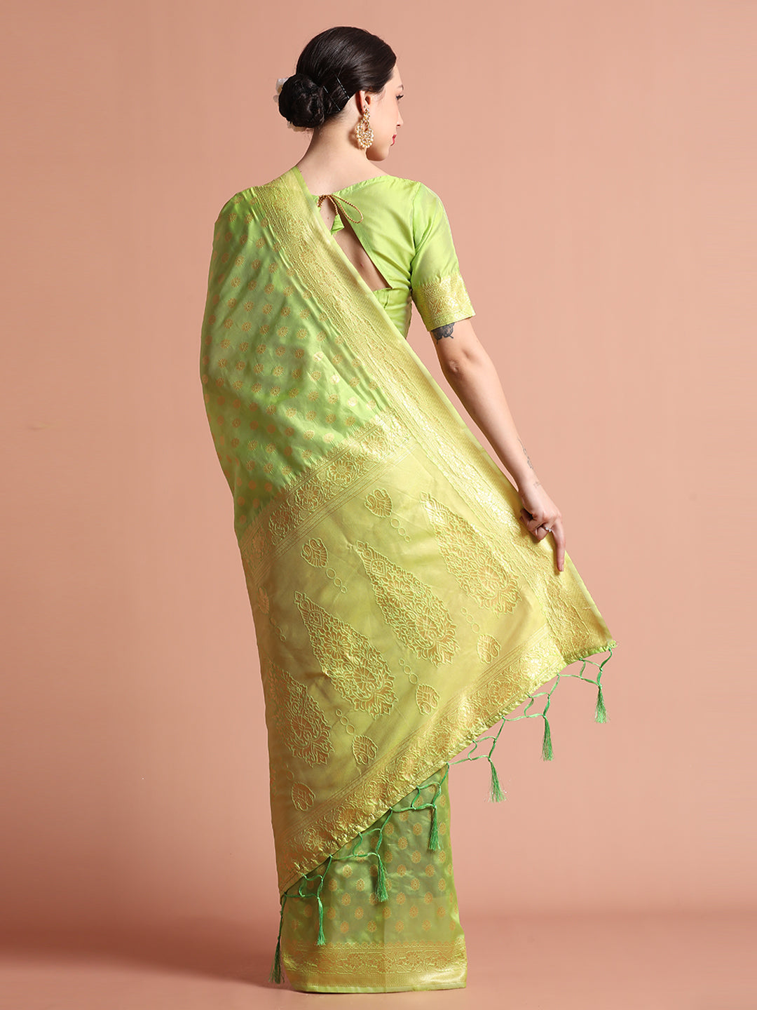 Pista Green Heavy Banarasi Zari Woven Silk Blend Saree