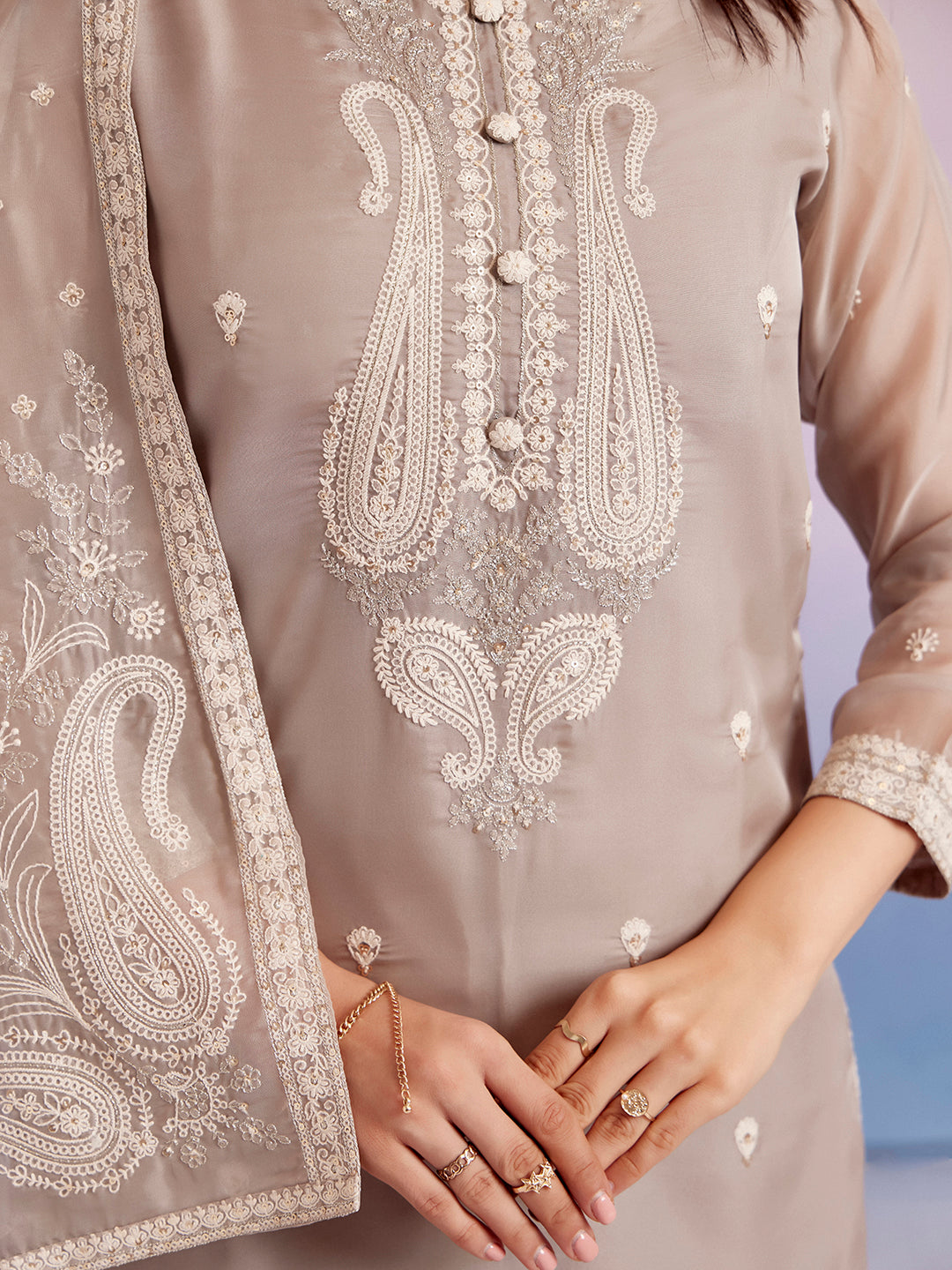 Grey Dori Embroidered Festive Kurta Set With Dupatta