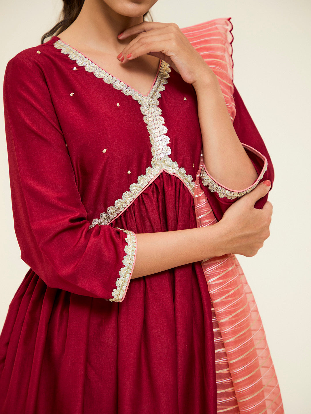 Maroon Embroidered Festive Kurta Set