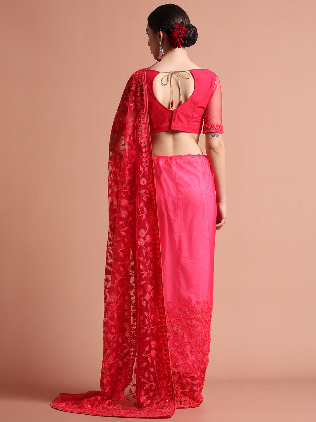 Pink Party Wear Floral Embroidered Net Saree