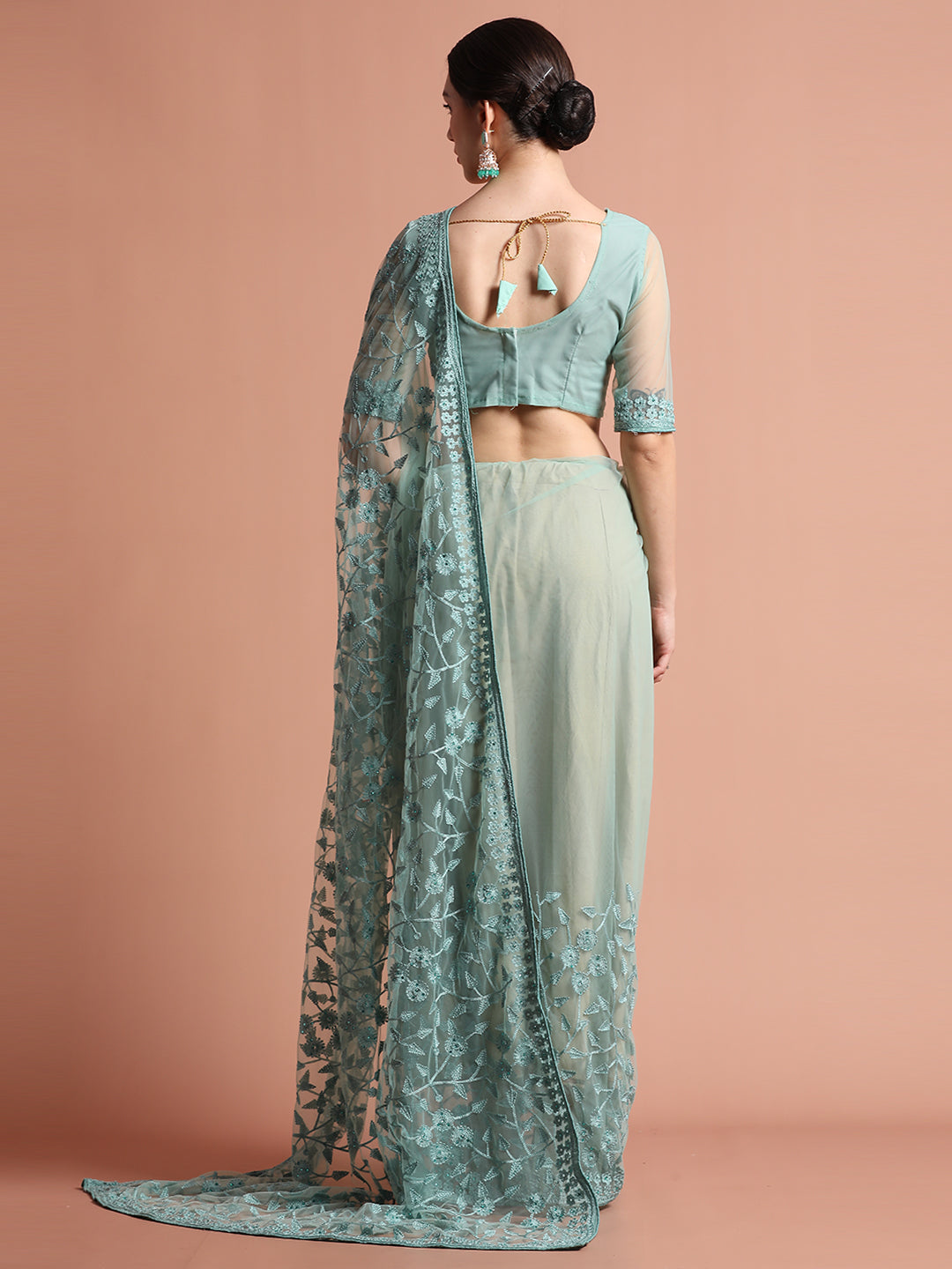 Party Wear Teal Floral Embroidered Net Saree