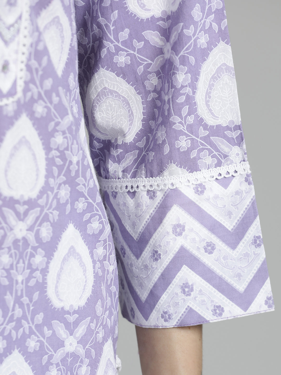 Lavender Ethnic Printed Cotton Kurta Set With Dupatta