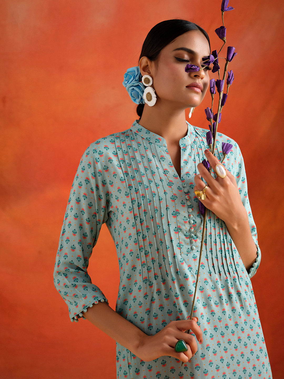 Blue Ethnic Motif Printed Straight Kurta