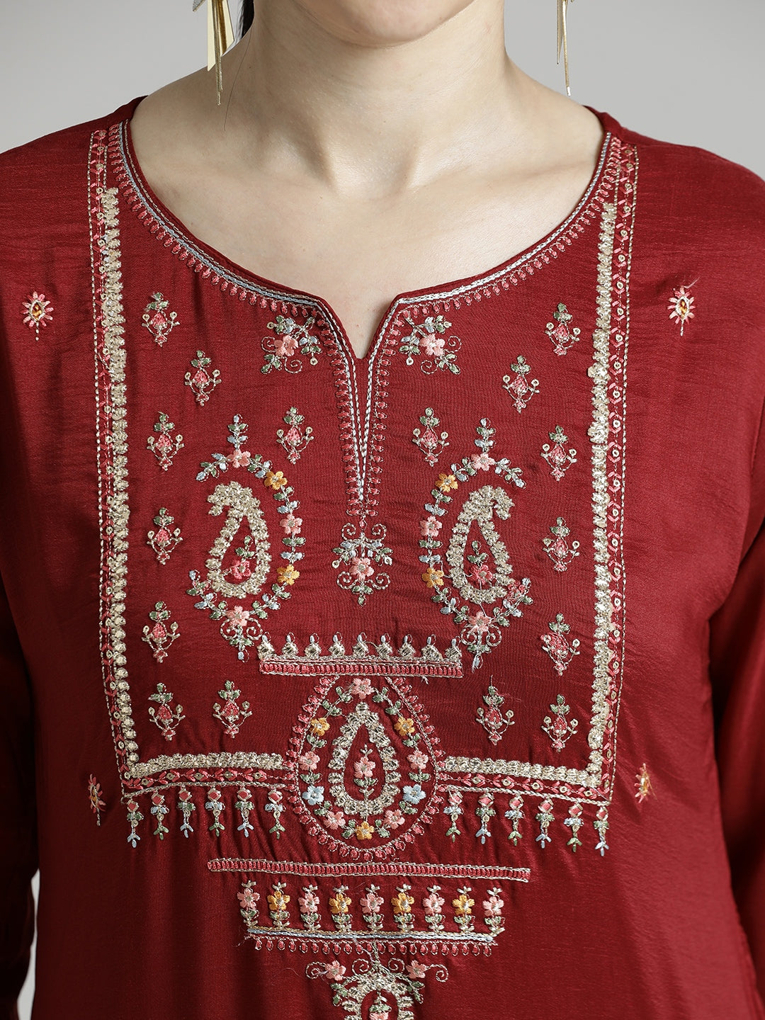 Red Embroidered Chinon Kurta Set With Dupatta