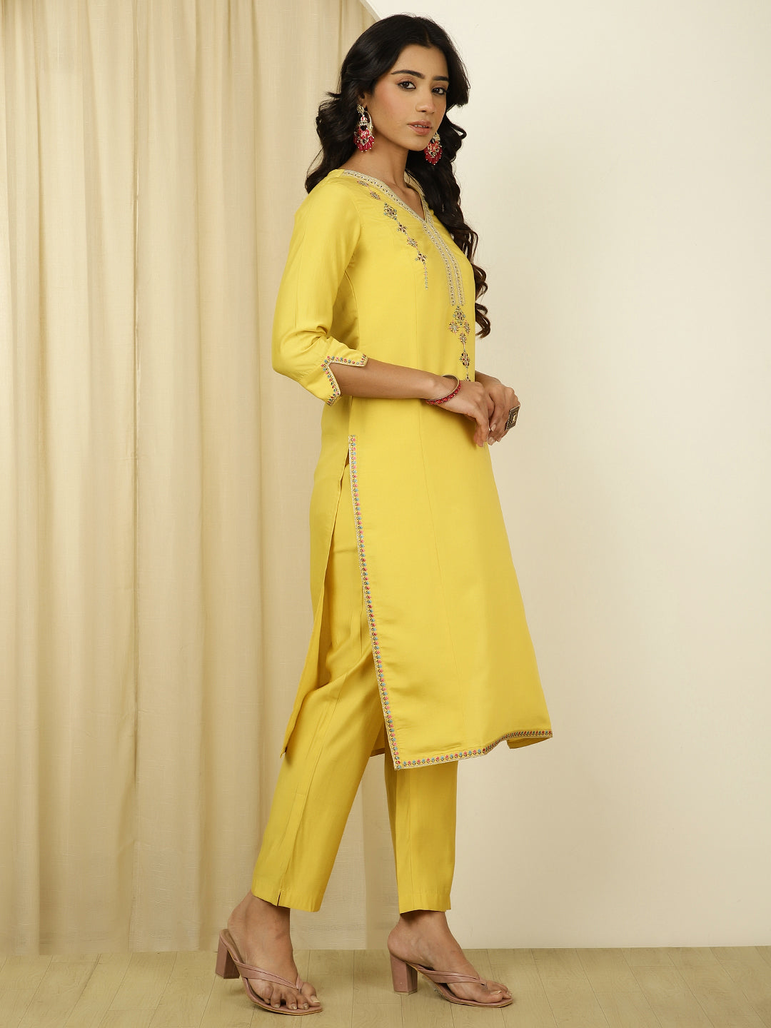 Silk Blend Mustard Embroidered Suit Set