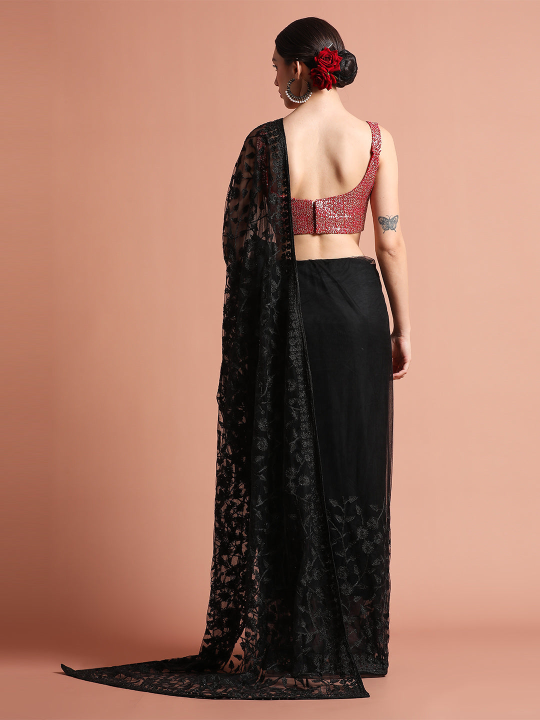 Black Party Wear Floral Embroidered Net Saree