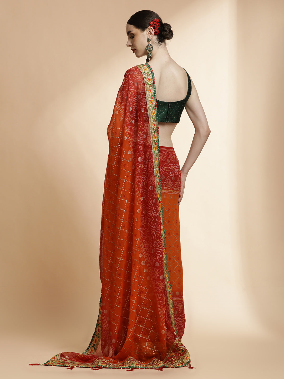 Red Traditional Bandhani Embroidered Pure Georgette Saree