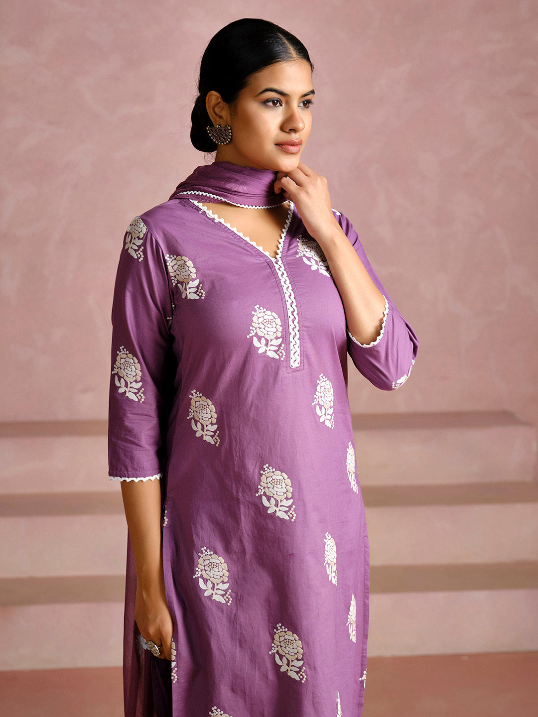 Dusty Purple Thread Embroidered Cotton Kurta Set With Dupatta