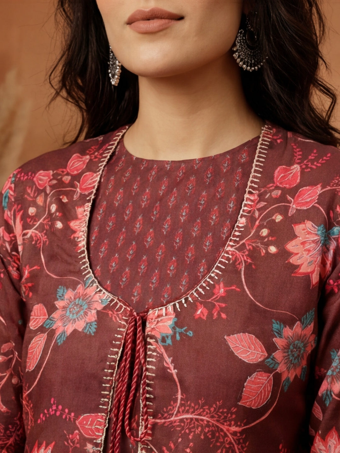 Brown Ethnic Print Flared Kurta With Shrug And Pants