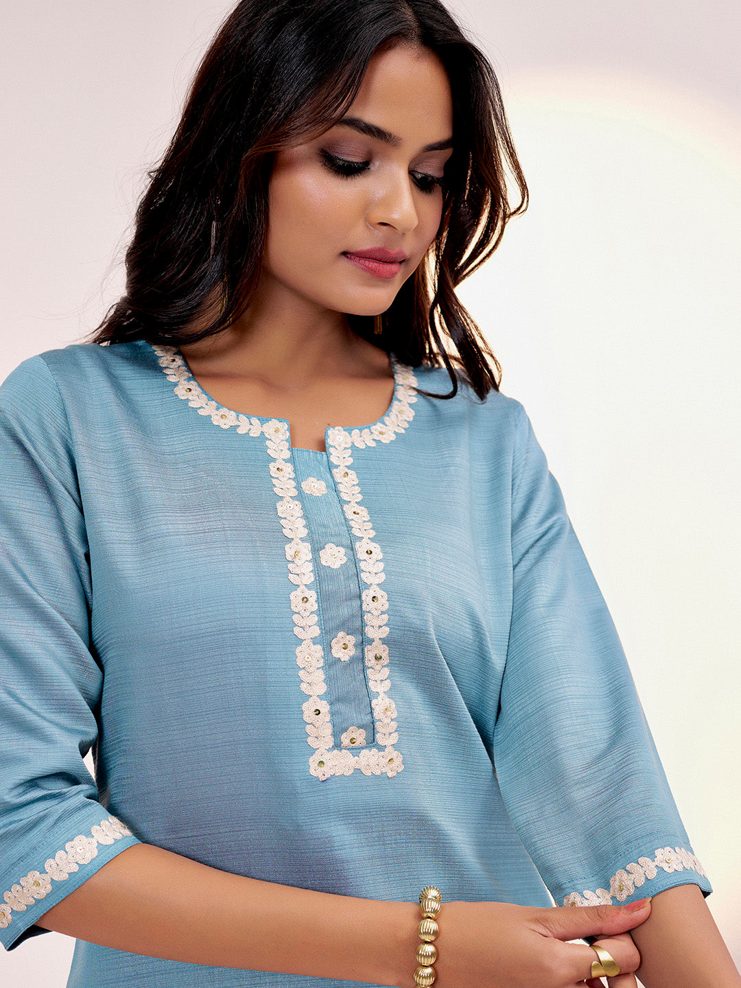 Blue Self Woven Dori Embroidered Kurta Set