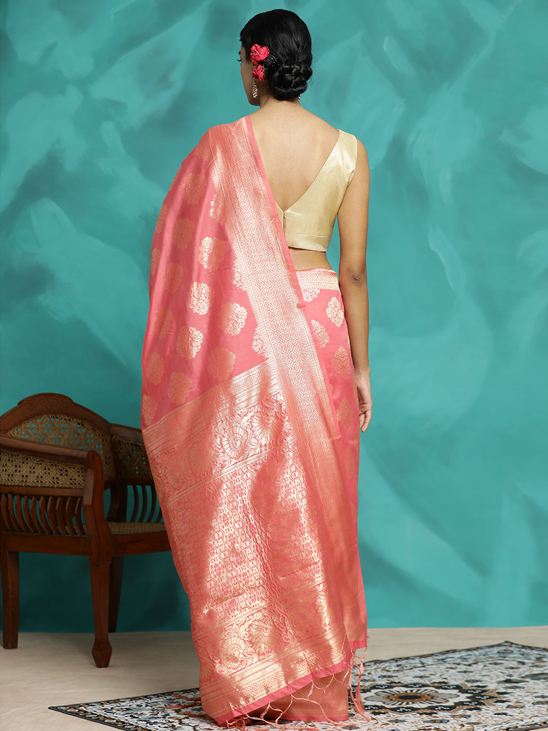 Peach Zari Woven Design Banarasi Saree