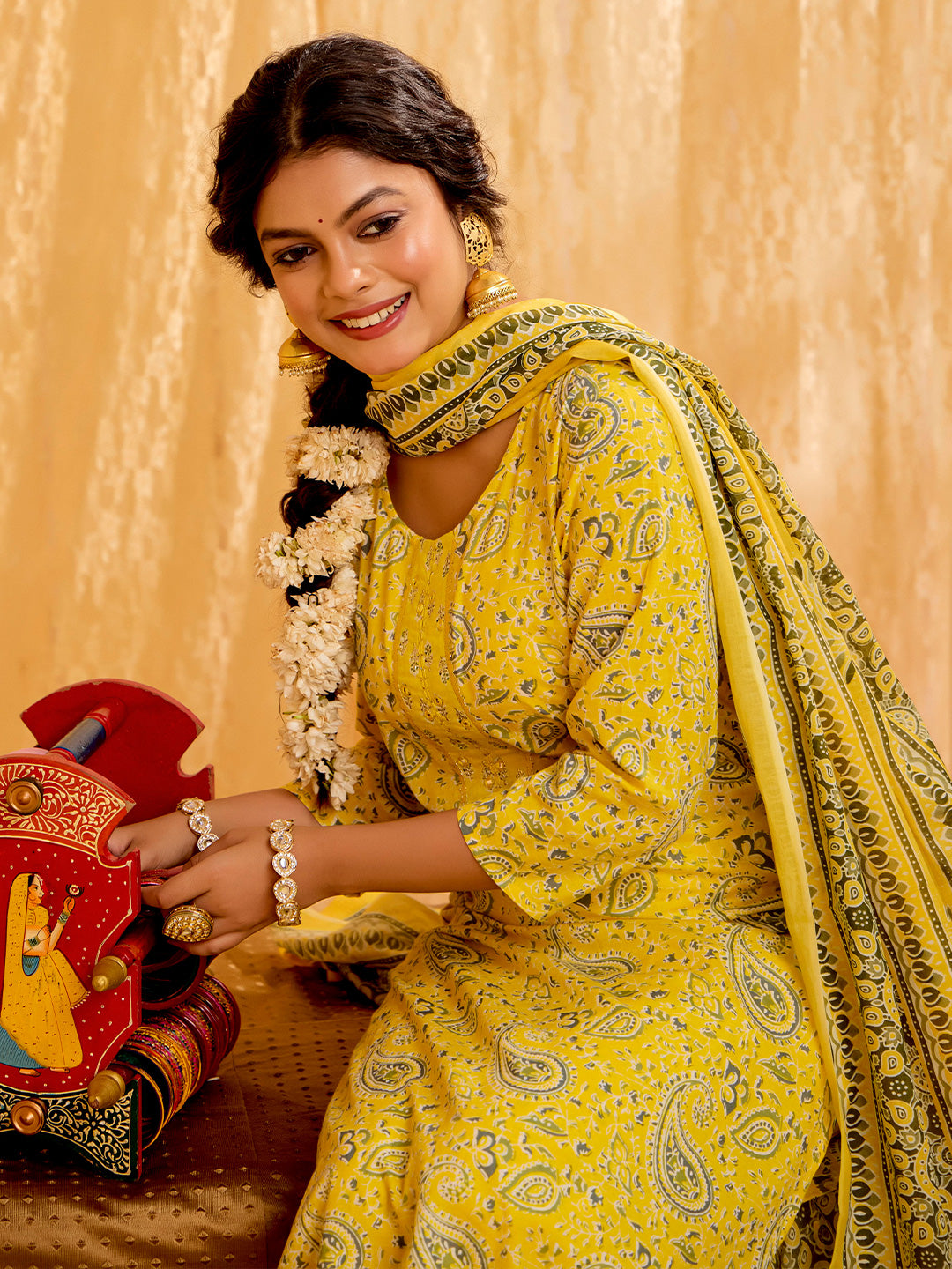 Yellow Ethnic Printed Pure Cotton Suit Set