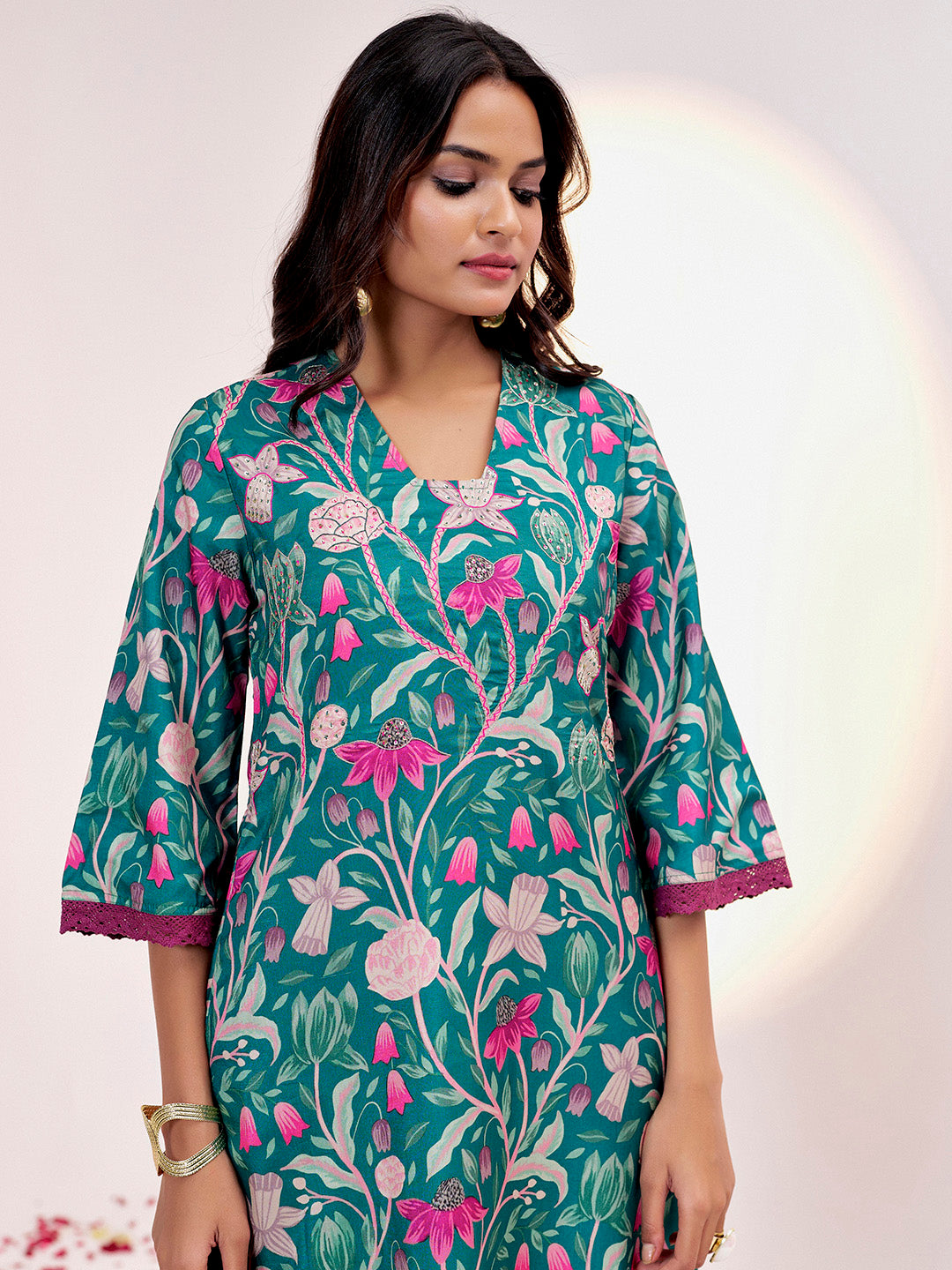 Green Botanical Printed A-line Kurta