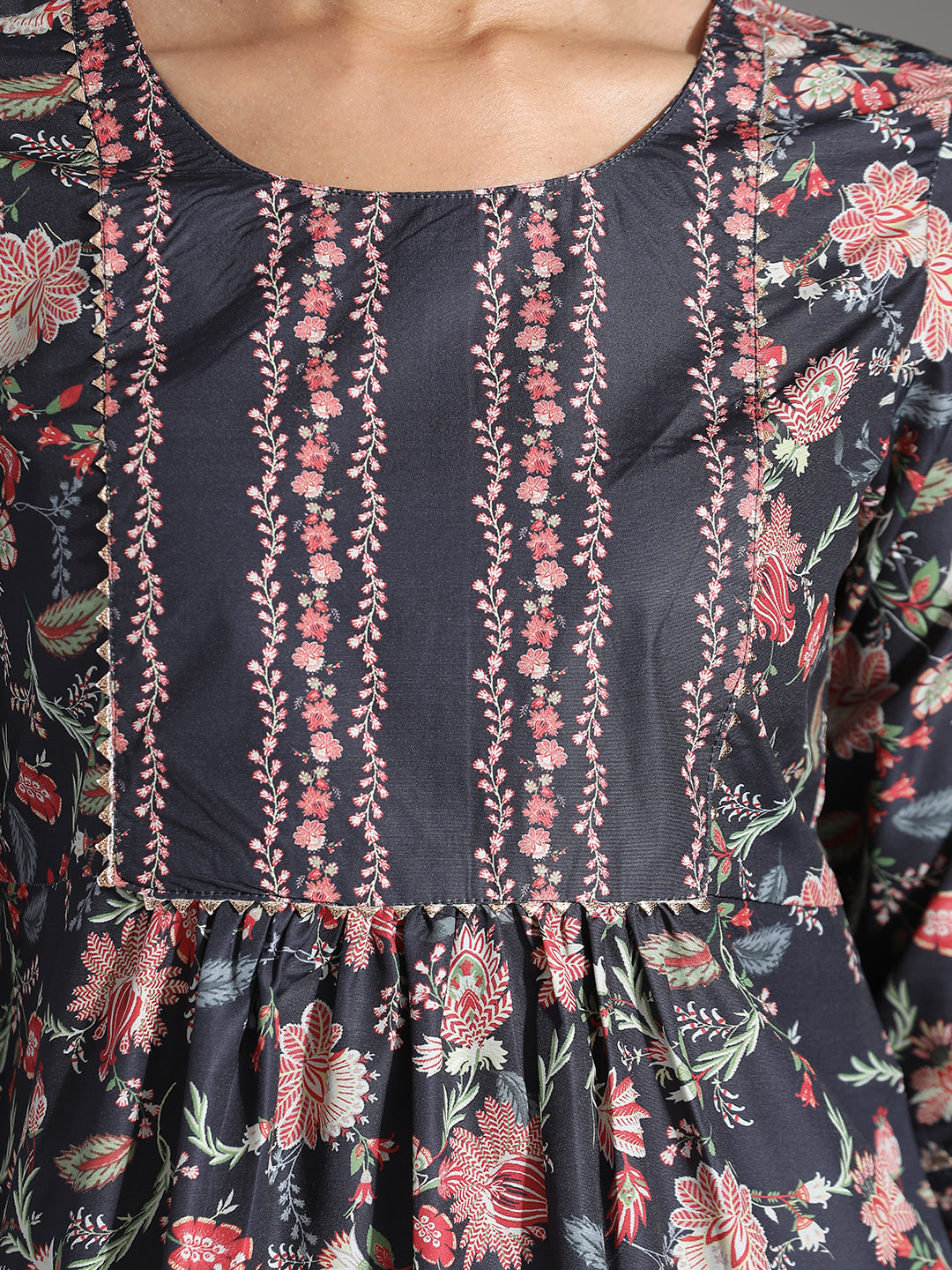 Black Floral Printed Chinon Peplum Top